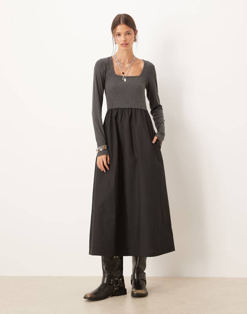 Threadbare - Langärmliges Midikleid in Grau mit eckigem Ausschnitt und schwarzem Kontrast-Rock aus Popeline-Bunt Threadbare - Langärmliges Midikleid in Grau mit eckigem Ausschnitt und schwarzem Kontrast-Rock aus Popeline-Bunt von Threadbare