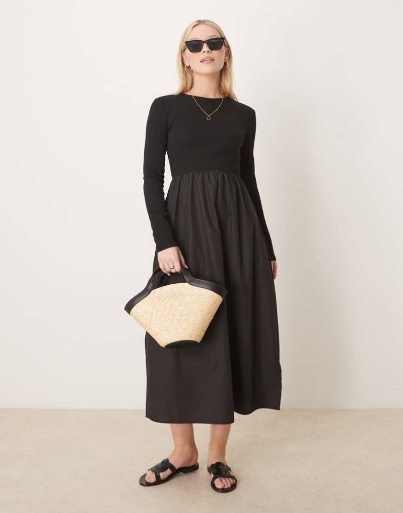 Threadbare - Langärmliges Midikleid in Schwarz mit Rock aus Popeline von Threadbare