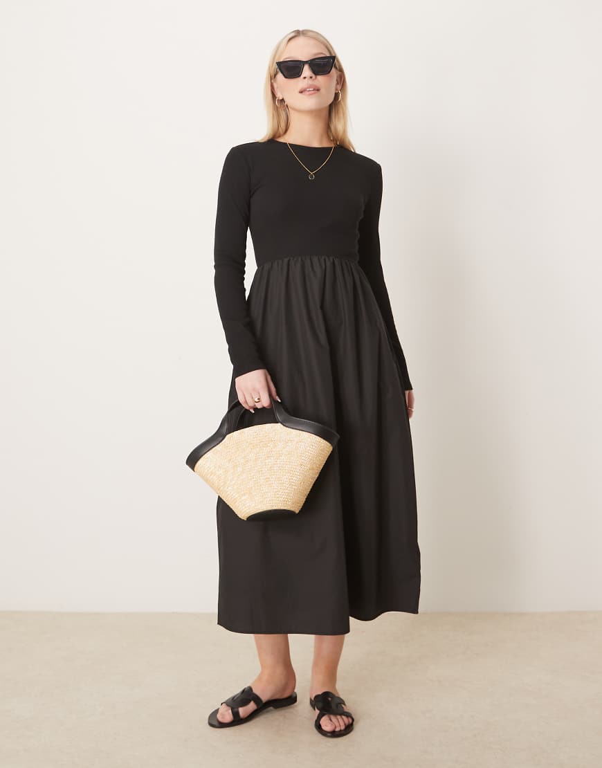 Threadbare - Langärmliges Midikleid in Schwarz mit Rock aus Popeline von Threadbare