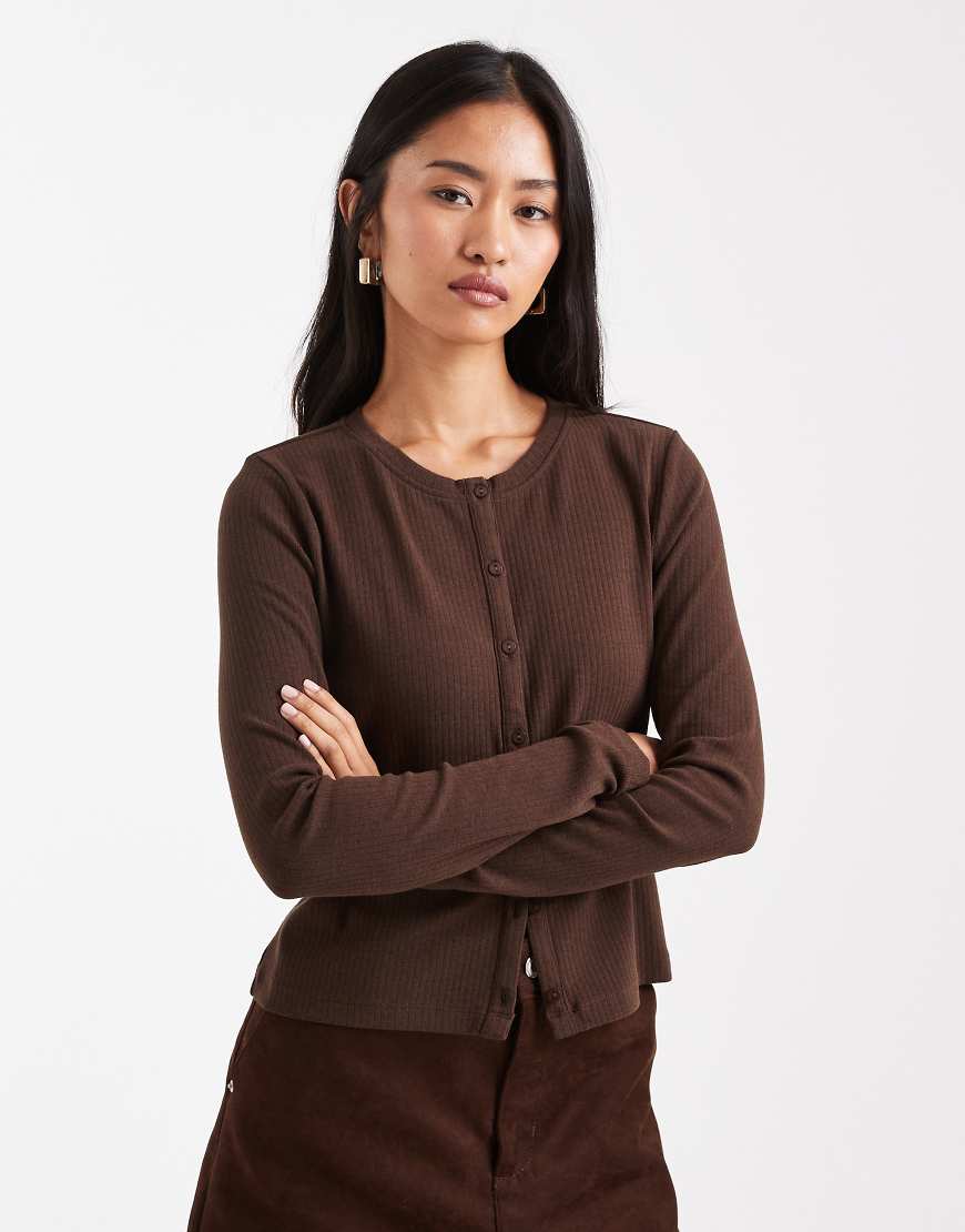 Threadbare - Langärmliges Oberteil aus Jersey in Schokobraun mit Knopfleiste-Brown von Threadbare
