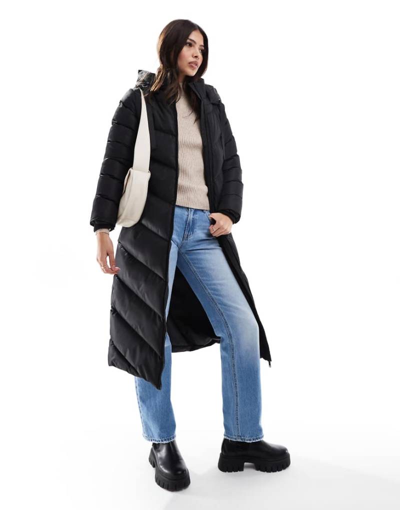 Threadbare - Langer Puffermantel in Schwarz mit Kapuze von Threadbare