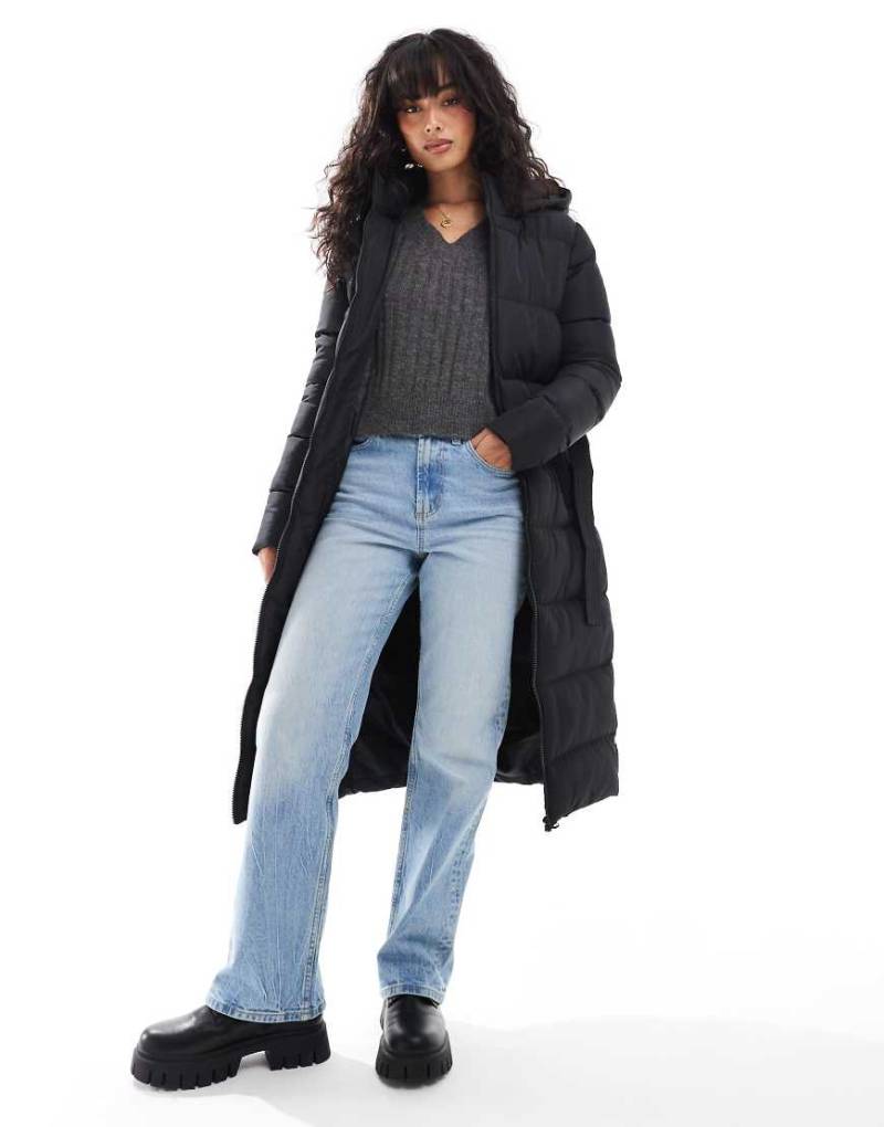 Threadbare - Langer Steppmantel in Schwarz mit Gürtel von Threadbare