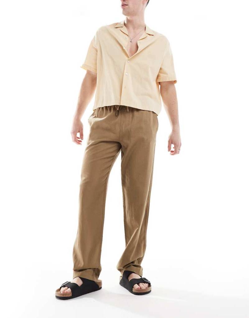 Threadbare - Leinenhose in dunklem Stein mit Kordelzugbund-Neutral von Threadbare