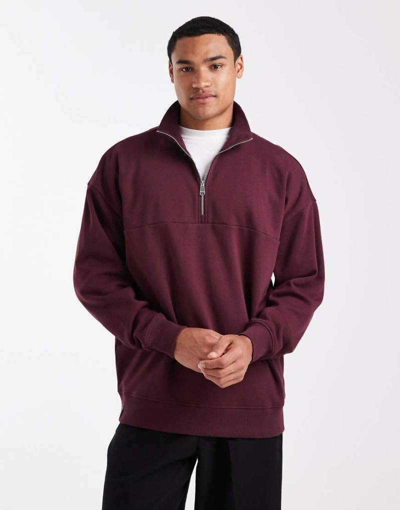 Threadbare - Lockeres Fleece-Sweatshirt in Burgunderrot mit kurzem Reißverschluss von Threadbare