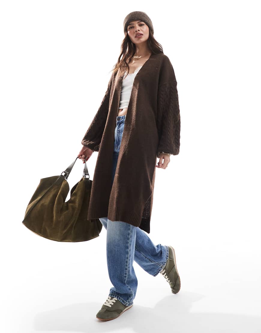 Threadbare - Longline-Strickjacke in Braun mit Zopfmuster von Threadbare