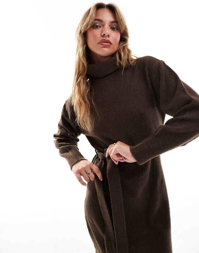 Threadbare - Midi-Pulloverkleid in Schokoladenbraun mit Rollkragen und Bindeband an der Taille von Threadbare