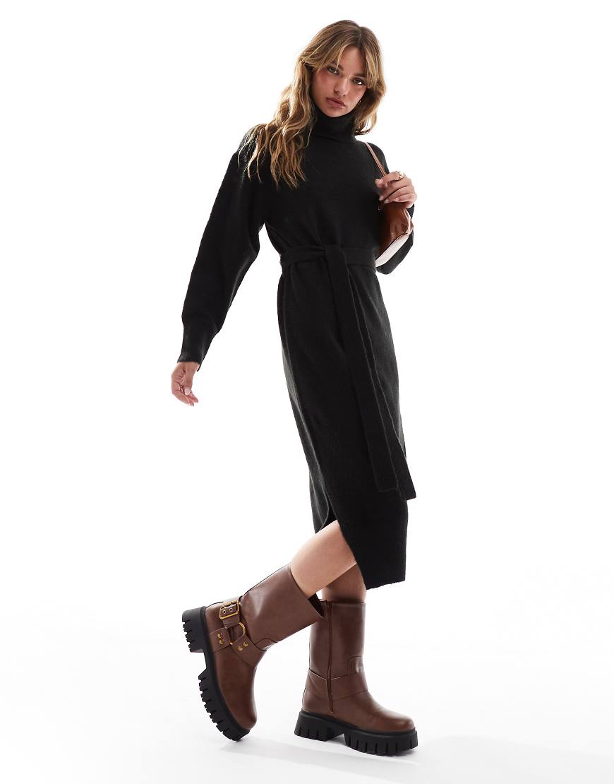 Threadbare - Midi-Pulloverkleid in Schwarz mit Rollkragen und Bindeband an der Taille Threadbare - Midi-Pulloverkleid in Schwarz mit Rollkragen und Bindeband an der Taille von Threadbare