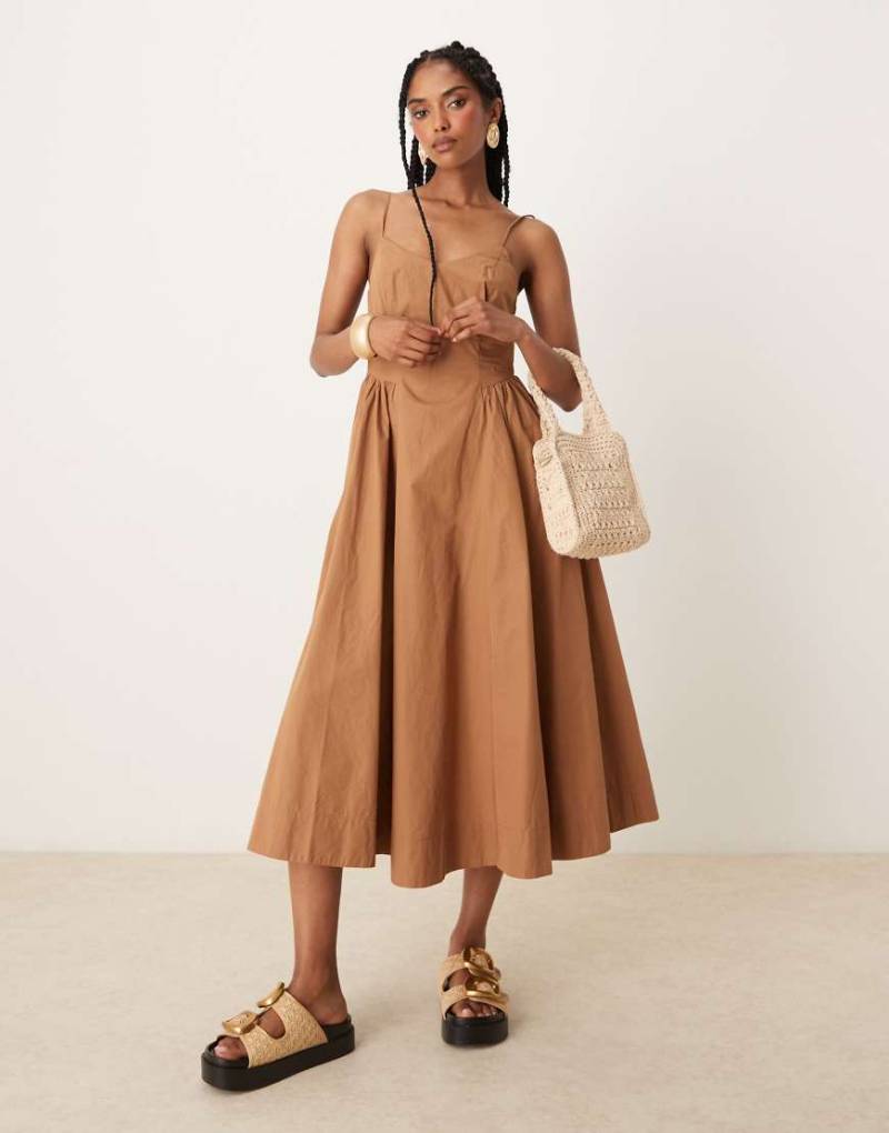 Threadbare - Midikleid aus Baumwolle in Braun mit hoch angesetzter Taille von Threadbare