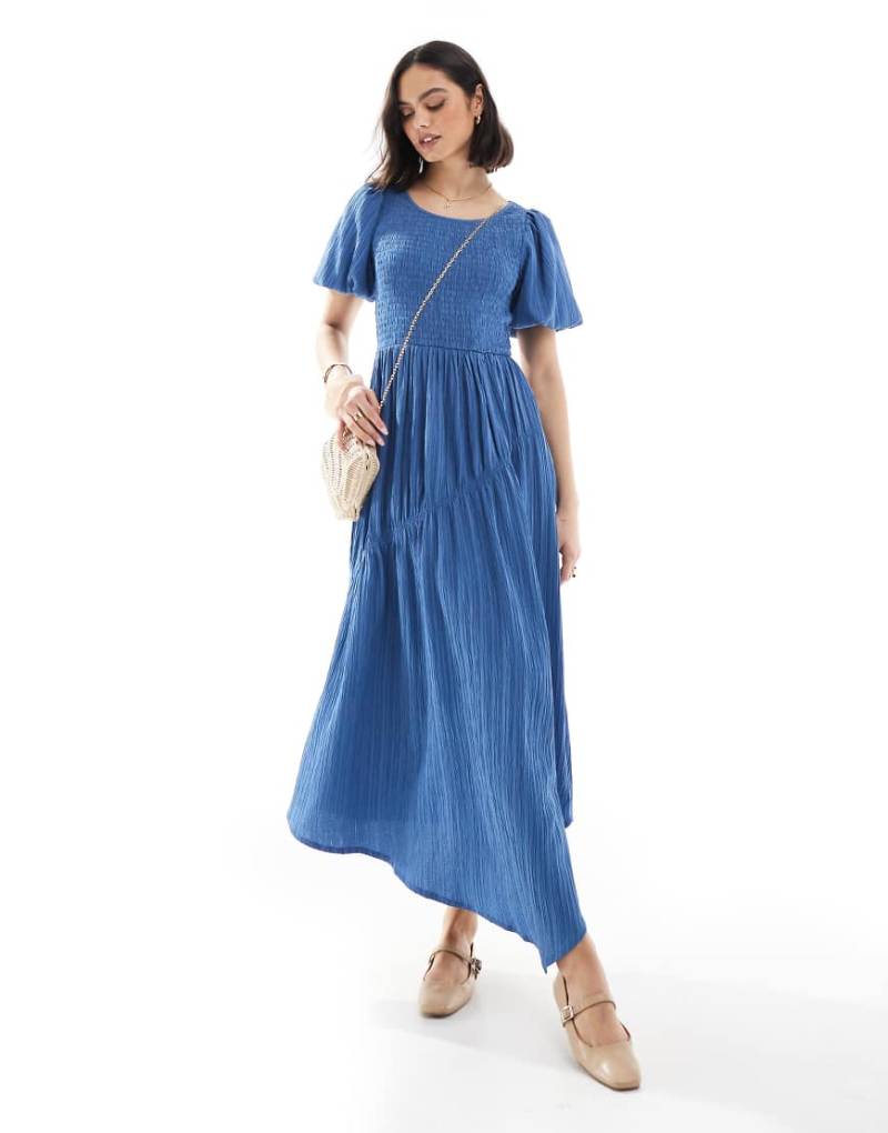 Threadbare - Midikleid in Blau mit Puffärmeln-Weiß von Threadbare