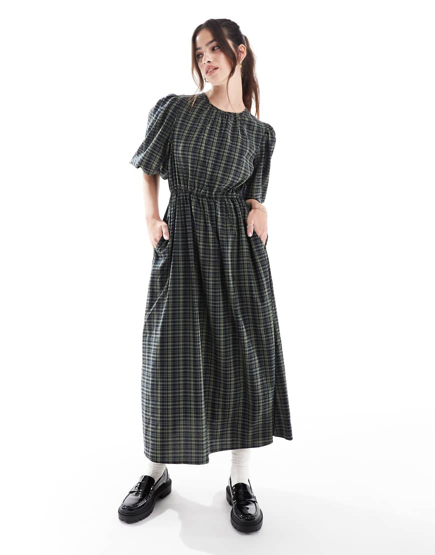 Threadbare - Midikleid in Marineblau kariert mit Puffärmeln von Threadbare