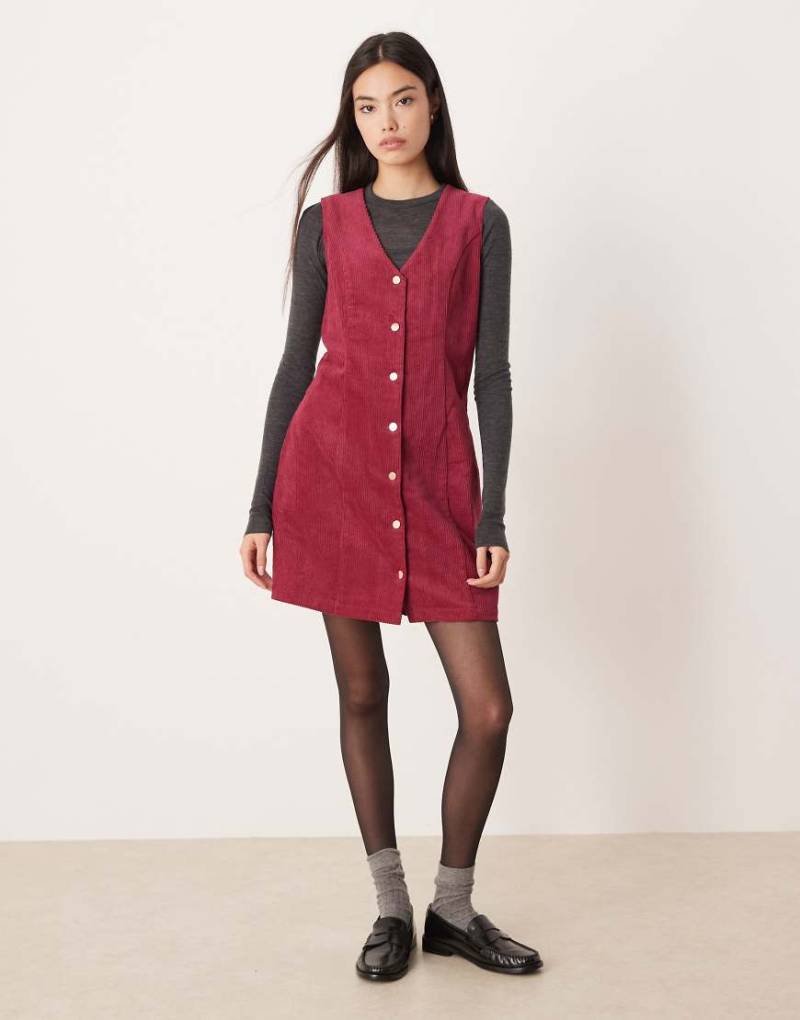 Threadbare - Minikleid aus Cord in Himbeerrot mit Knopfleiste vorne-Rosa von Threadbare