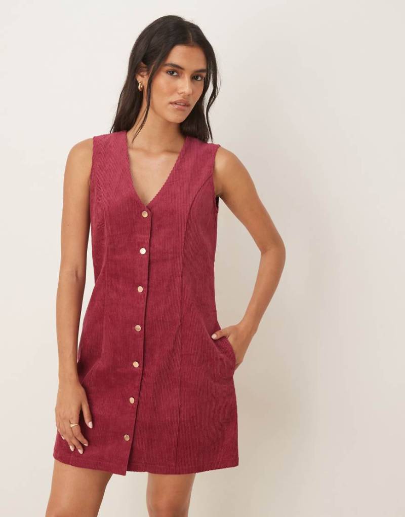 Threadbare - Minikleid aus Cord in Himbeerrot mit Knopfleiste vorne-Rosa von Threadbare