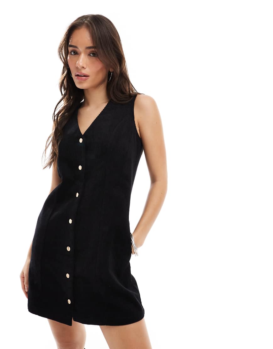 Threadbare - Minikleid aus Cord in Schwarz mit durchgehender Knopfleiste von Threadbare