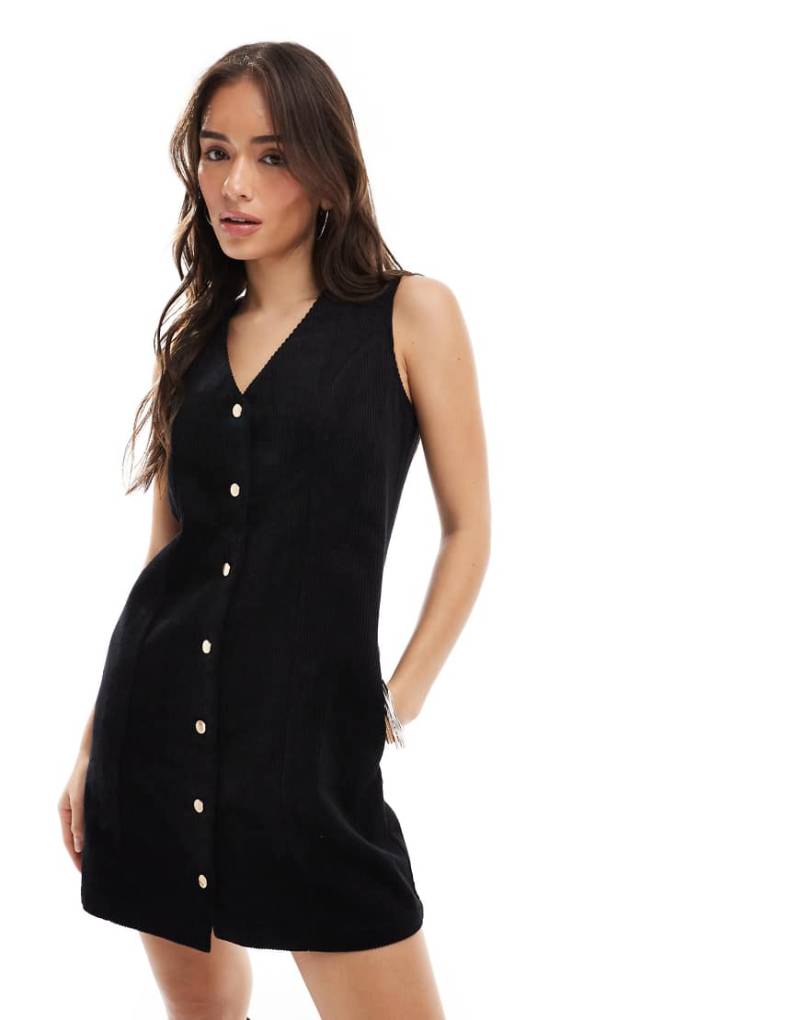 Threadbare - Minikleid aus Cord in Schwarz mit durchgehender Knopfleiste von Threadbare