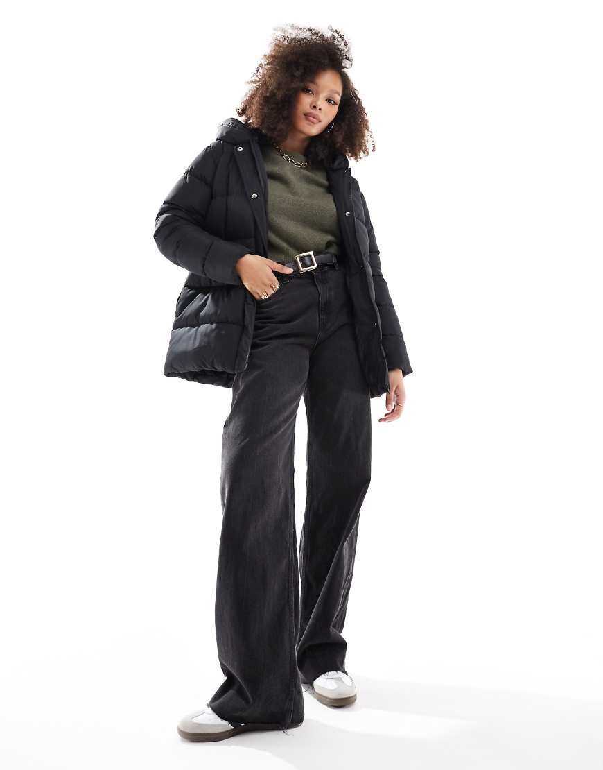 Threadbare - Mittellange Pufferjacke in Schwarz von Threadbare
