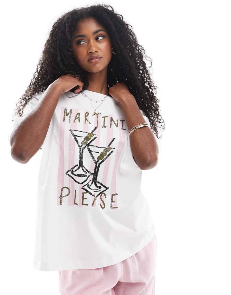 Threadbare - Oversize-T-Shirt aus Webstoff in Weiß mit Cocktail-Grafikprint in Rosa von Threadbare