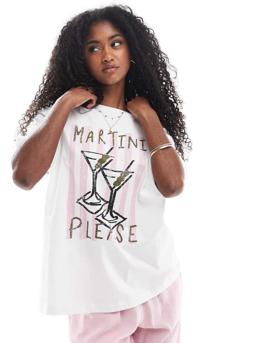 Threadbare - Oversize-T-Shirt aus Webstoff in Weiß mit Cocktail-Grafikprint in Rosa Threadbare - Oversize-T-Shirt aus Webstoff in Weiß mit Cocktail-Grafikprint in Rosa von Threadbare