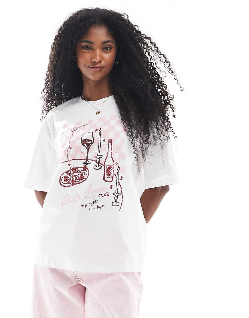 Threadbare - Oversize-T-Shirt aus Webstoff in Weiß mit Pasta-Grafikprint Threadbare - Oversize-T-Shirt aus Webstoff in Weiß mit Pasta-Grafikprint von Threadbare
