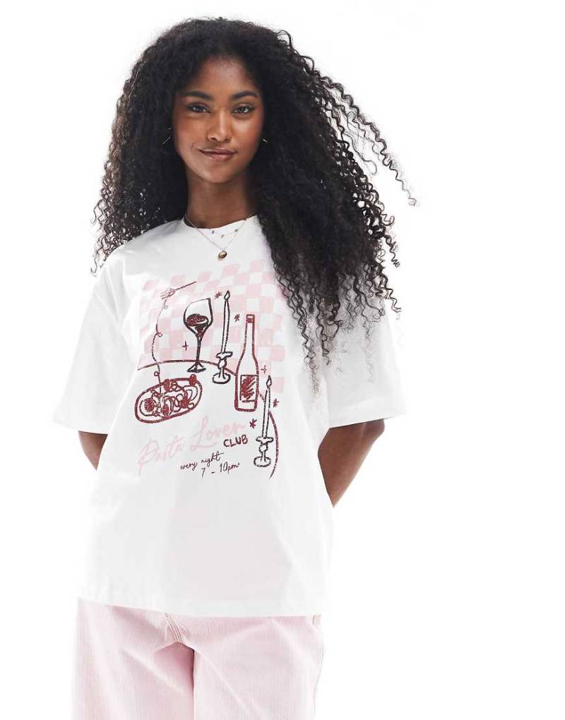 Threadbare - Oversize-T-Shirt aus Webstoff in Weiß mit Pasta-Grafikprint von Threadbare