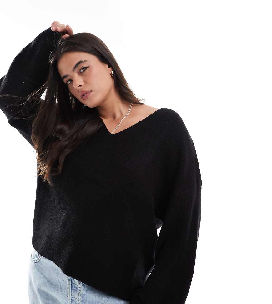 Threadbare Plus - Flauschiger, lockerer Pullover in Schwarz mit V-Ausschnitt Threadbare Plus - Flauschiger, lockerer Pullover in Schwarz mit V-Ausschnitt von Threadbare
