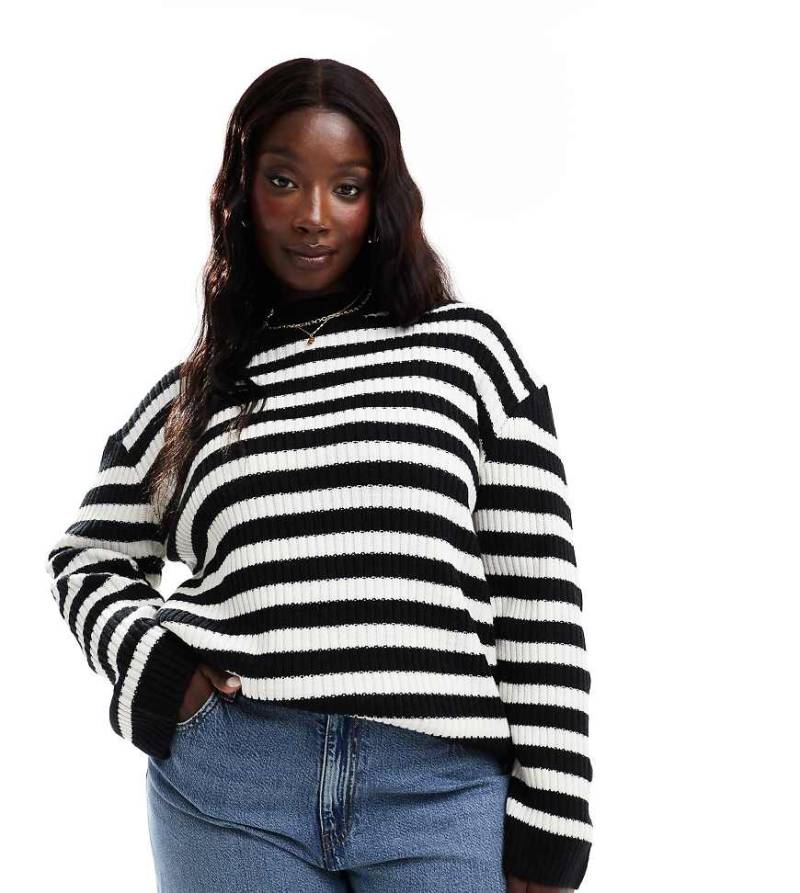 Threadbare - Plus - Hochgeschlossener, gestreifter Oversize-Pullover in Schwarz-Weiß von Threadbare
