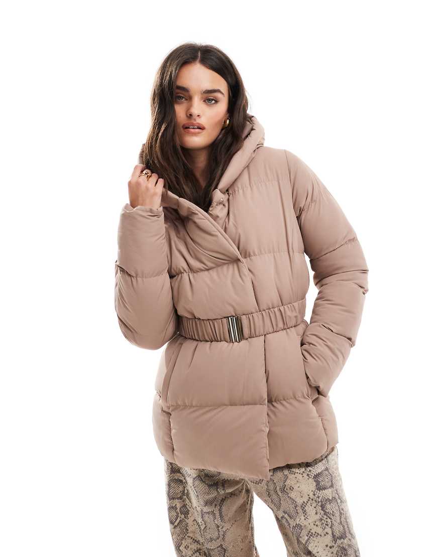 Threadbare - Pufferjacke in Taupe mit Kapuze und seitlichem Verschluss-Neutral von Threadbare