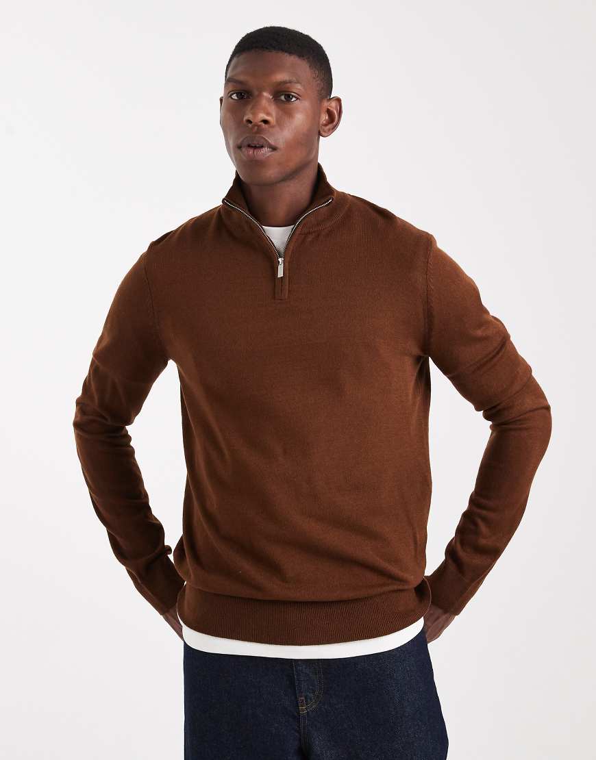 Threadbare - Pullover in Braun mit kurzem Reißverschluss-Brown von Threadbare