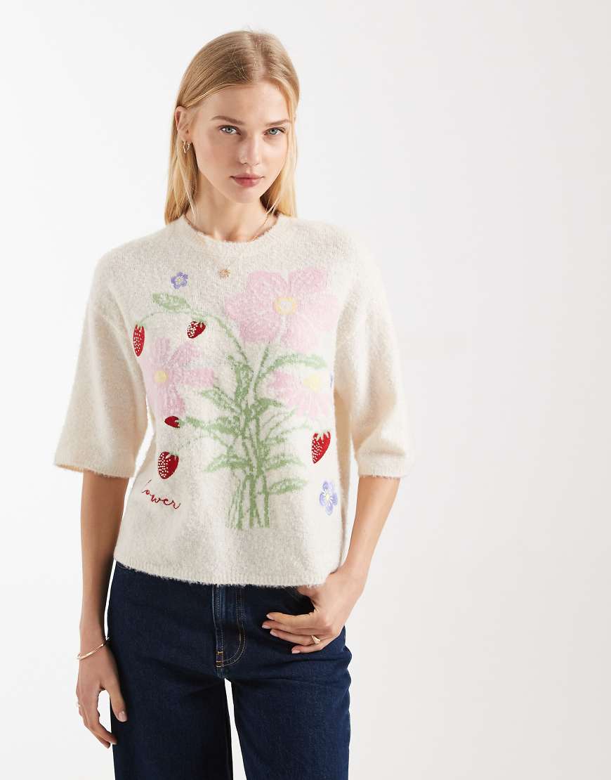 Threadbare - Pullover in Ecru mit Rundhalsausschnitt und Blumenmotiv-Weiß von Threadbare
