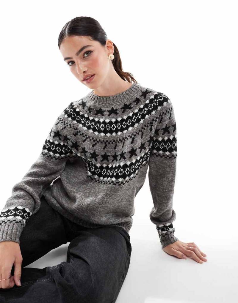 Threadbare - Pullover in Grau und Schwarz mit Rundhalsausschnitt und indigenem Muster von Threadbare