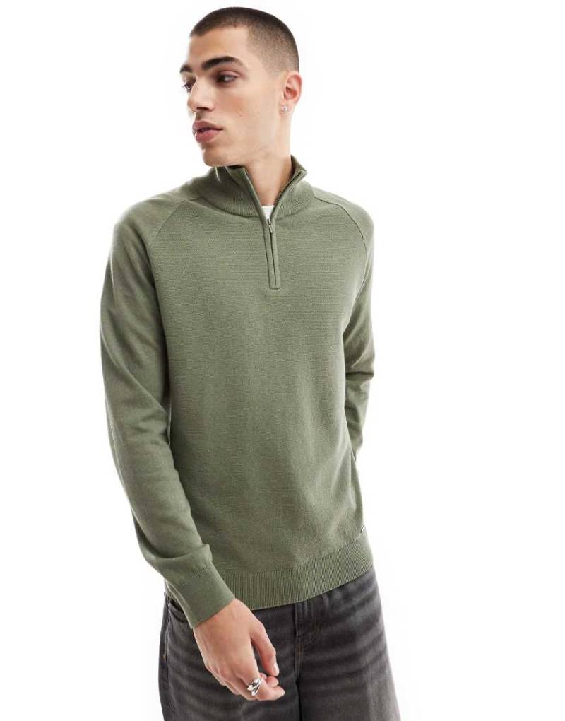 Threadbare - Pullover in Khaki mit kurzem Reißverschluss-Grün von Threadbare