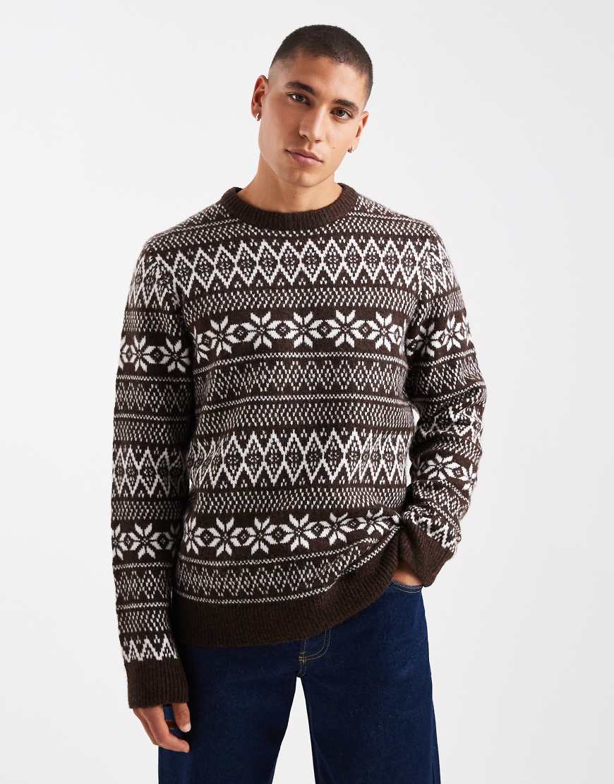 Threadbare - Pullover in Schokoladenbraun mit Rundhalsausschnitt und Norwegermuster-Brown Threadbare - Pullover in Schokoladenbraun mit Rundhalsausschnitt und Norwegermuster-Brown von Threadbare