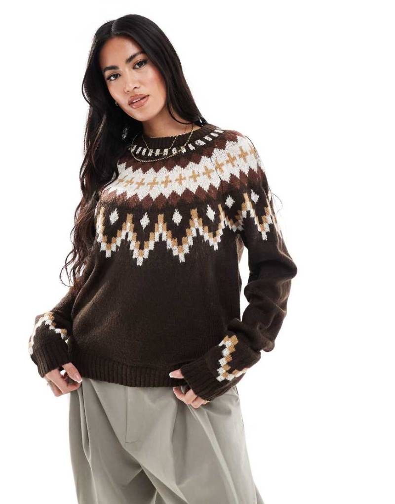 Threadbare - Pullover mit Rundhalsausschnitt und indigenem Muster in Beige und Braun von Threadbare