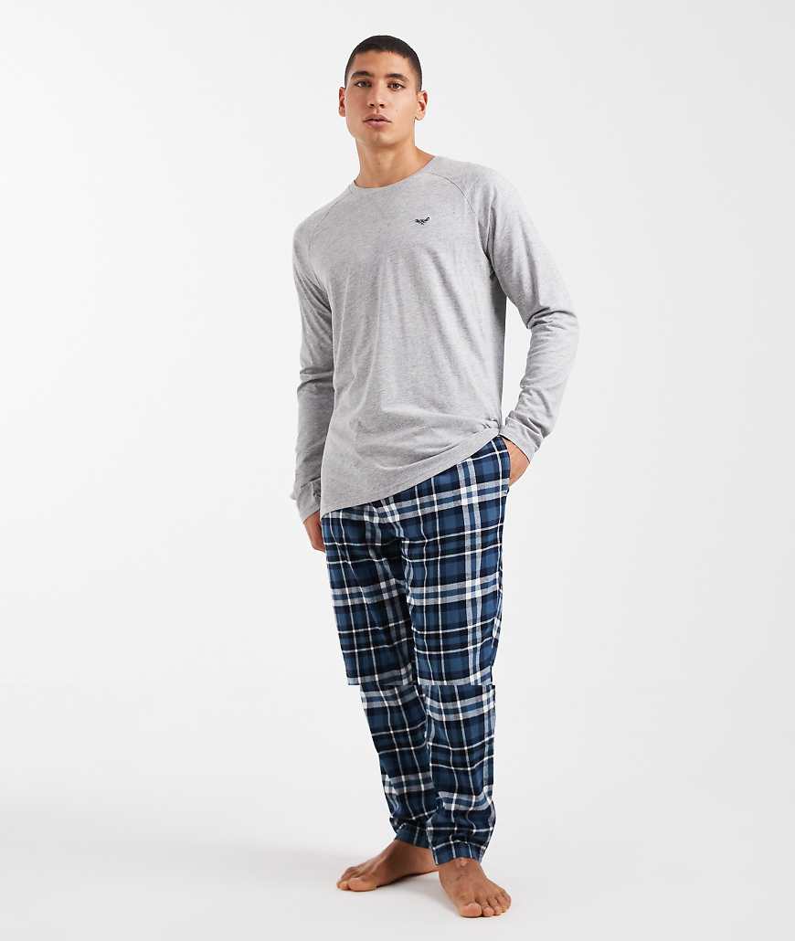 Threadbare - Pyjama aus langärmligem Oberteil und Hose in Marineblau kariert-Grau von Threadbare