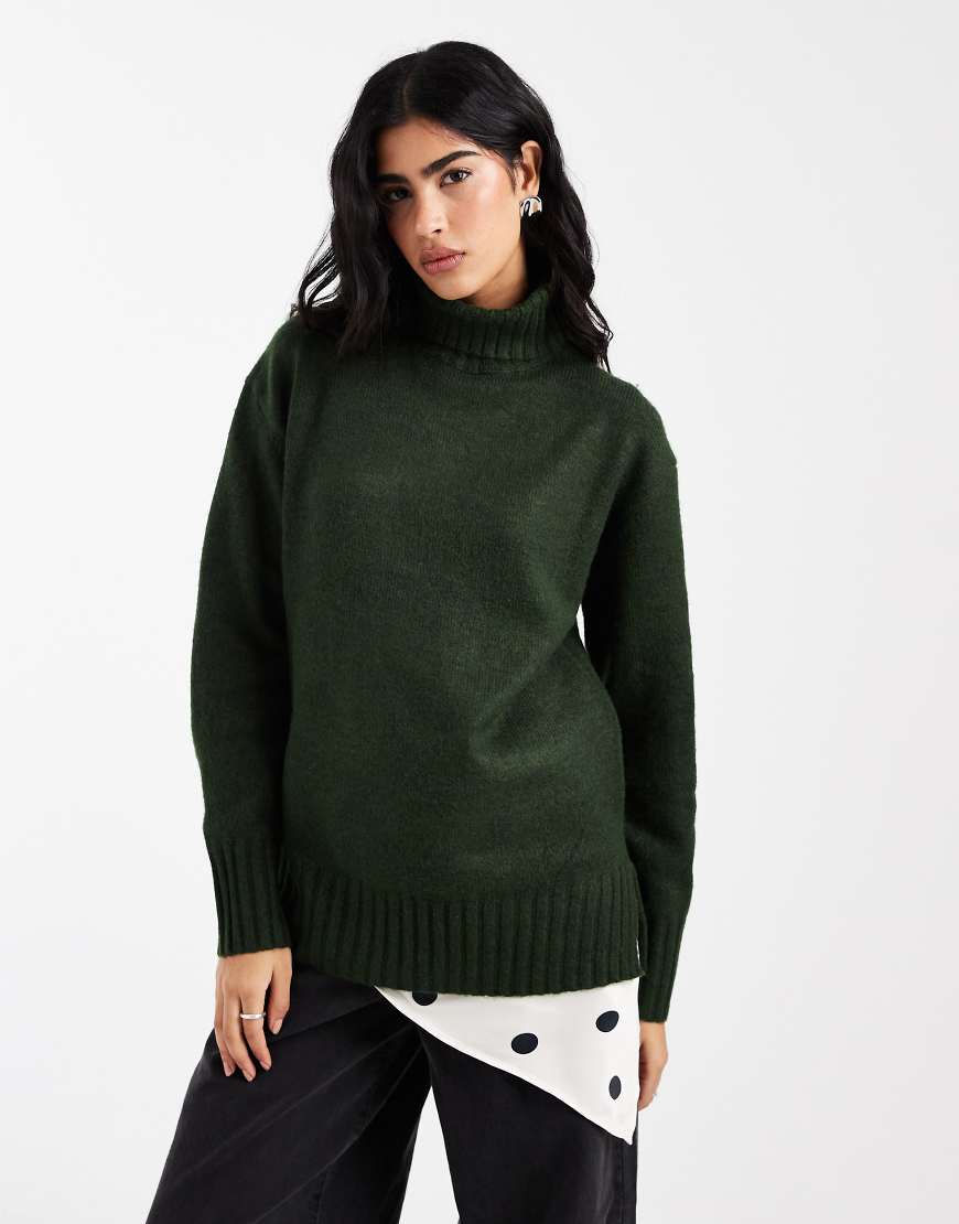 Threadbare - Rollkragenpullover aus Grobstrick in Khaki-Grün von Threadbare