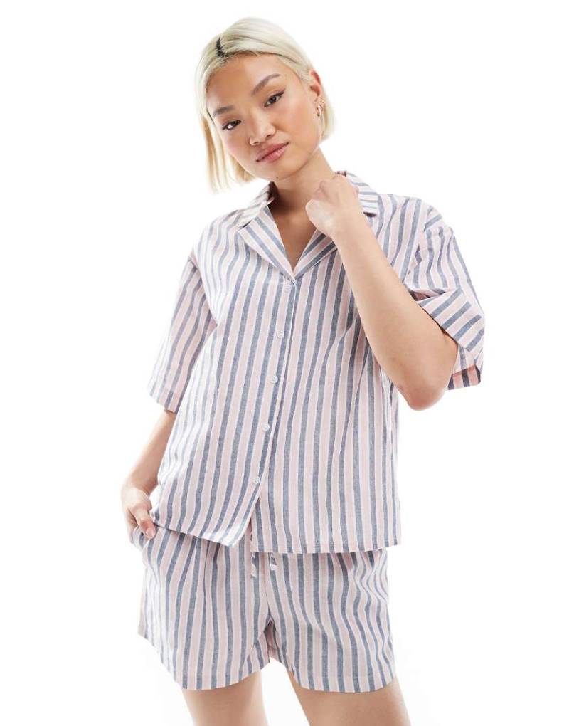 Threadbare - Rosa-blau gestreiftes Strand-Hemd, Kombiteil von Threadbare