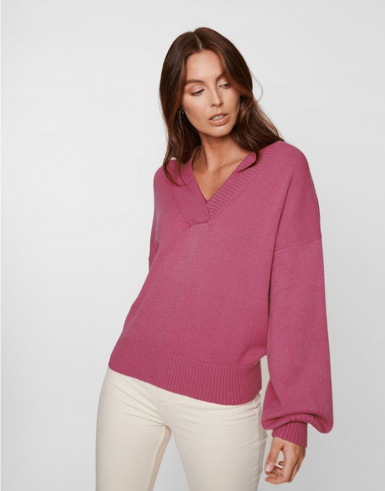 Threadbare Rundhalspullover Fleur mit V-Ausschnitt und Puff-Ärmeln von Threadbare