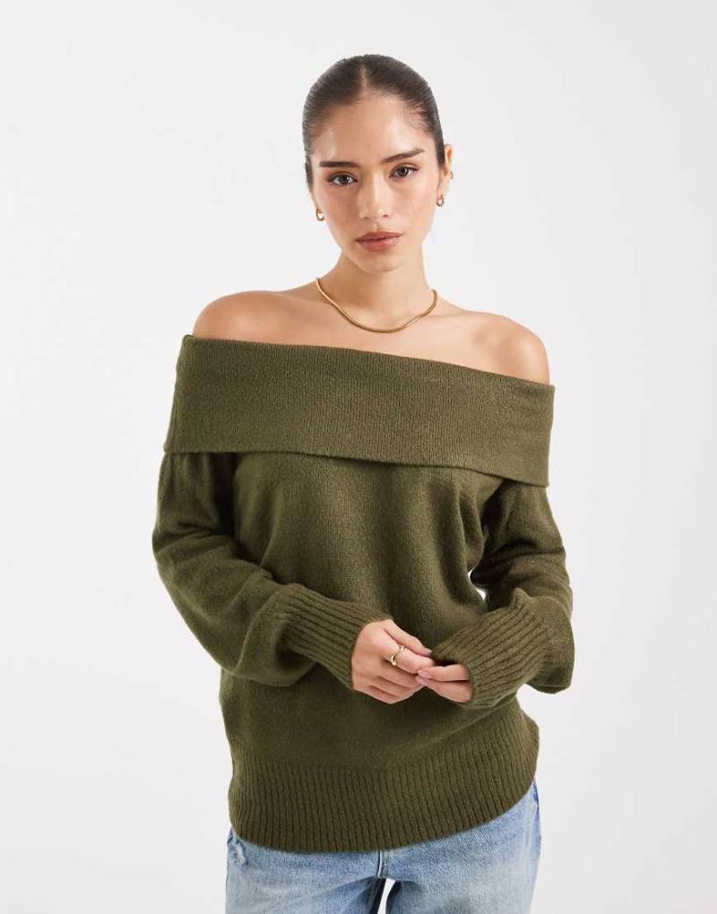 Threadbare - Schulterfreier Pullover in Khaki-Grün von Threadbare