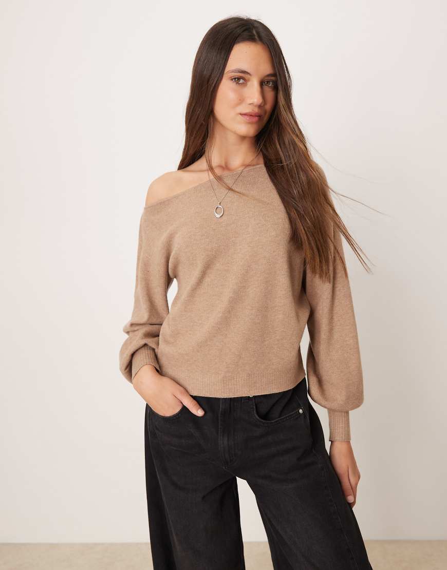 Threadbare - Schulterfreies Sweatshirt in Biscuit mit lockerem Schnitt-Neutral von Threadbare