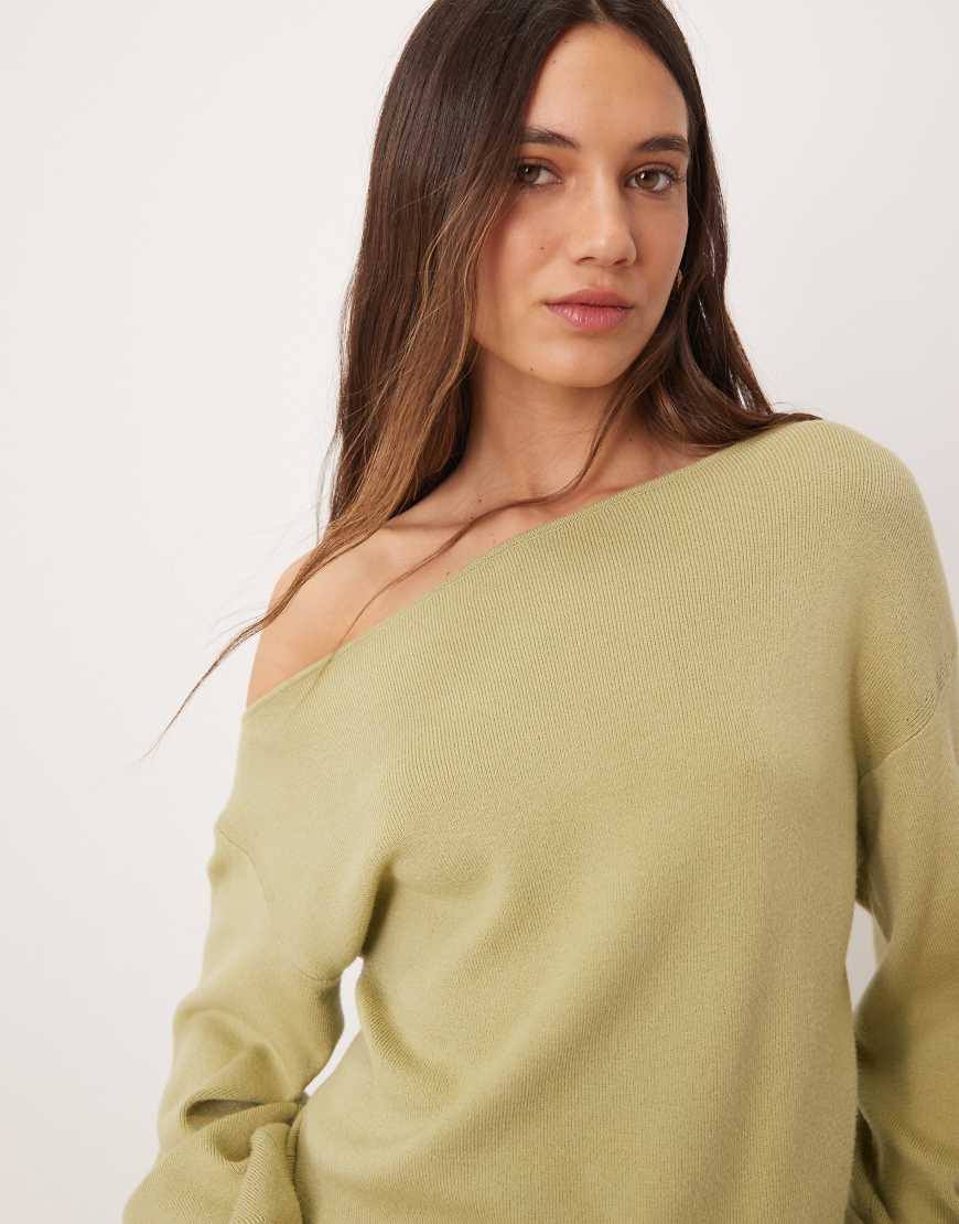 Threadbare - Schulterfreies Sweatshirt in Salbeigrün mit lockerem Schnitt von Threadbare