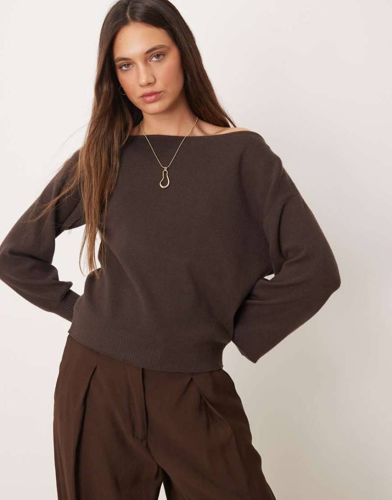 Threadbare - Schulterfreies Sweatshirt in Schokobraun mit lockerem Schnitt-Brown von Threadbare