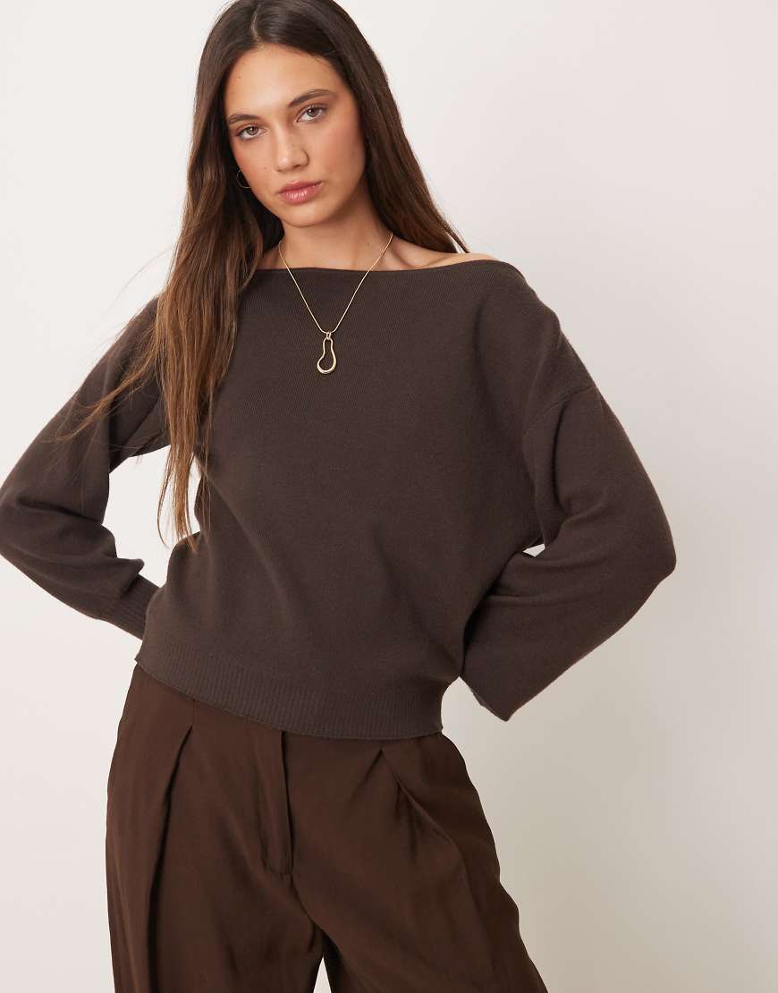Threadbare - Schulterfreies Sweatshirt in Schokobraun mit lockerem Schnitt-Brown von Threadbare