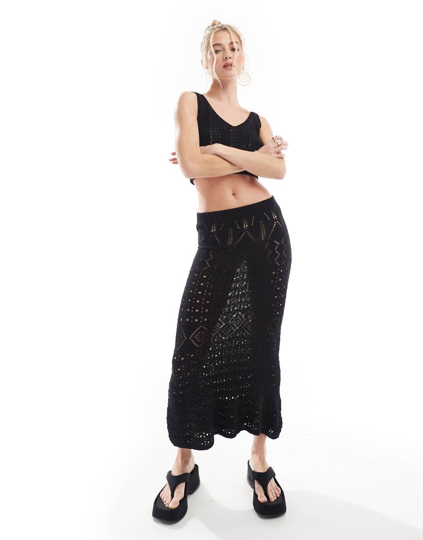 Threadbare - Schwarzes Häkel-Set mit kurzem Oberteil und Maxirock von Threadbare