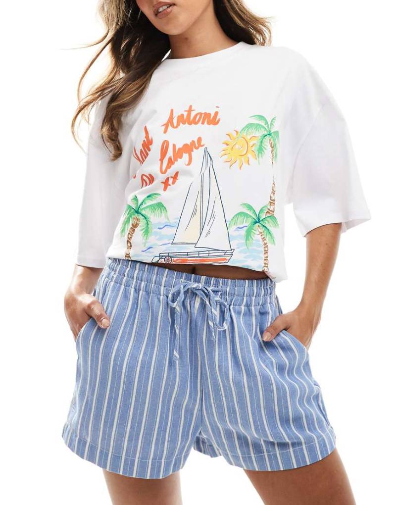 Threadbare - Shorts in Leinenoptik mit blauen und weißen Streifen und elastischem Bund von Threadbare