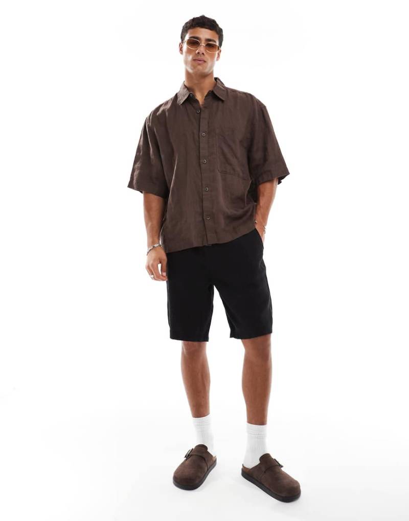 Threadbare - Shorts in Schwarz mit hohem Leinenanteil und Kordelzug von Threadbare