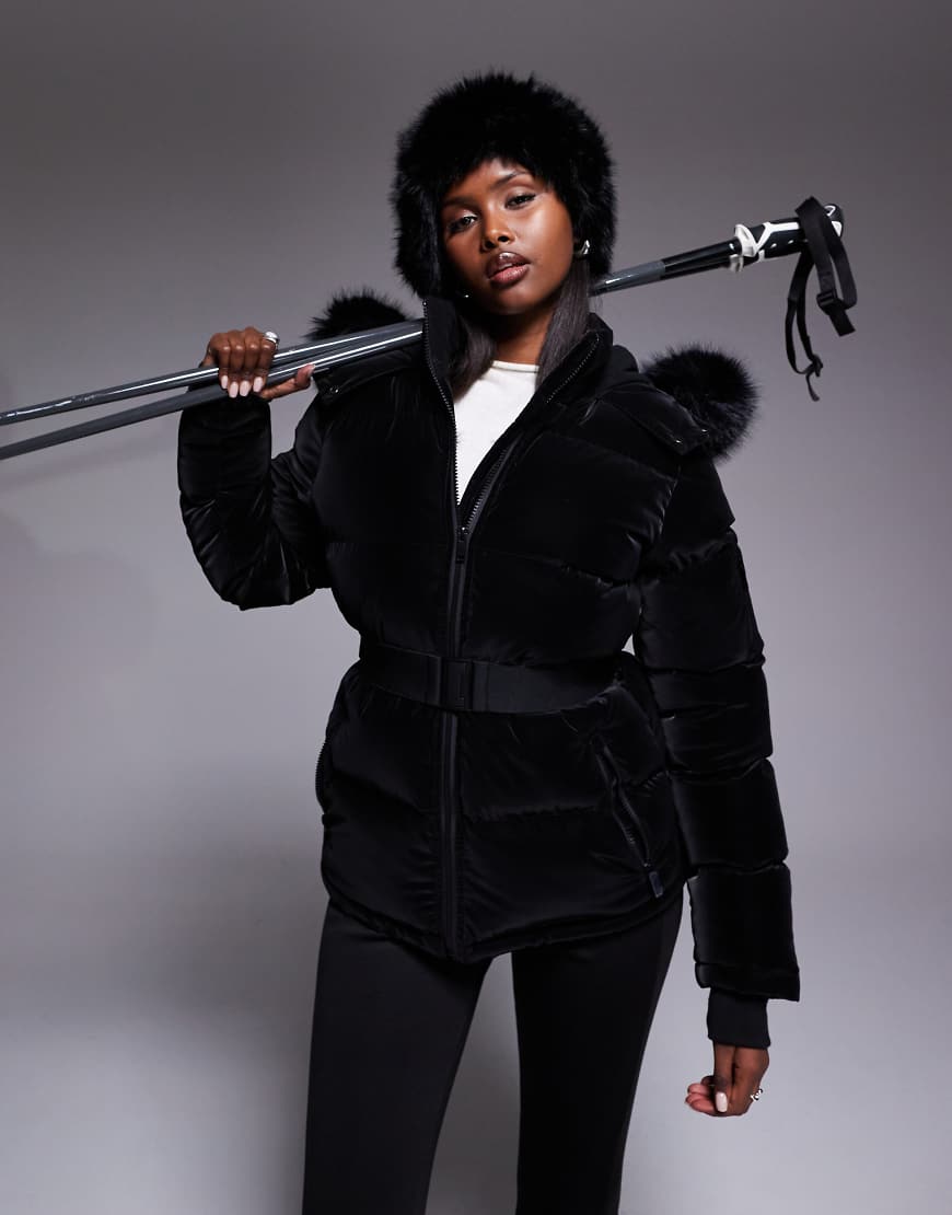 Threadbare - Ski - Glänzende Pufferjacke in Schwarz mit Kunstpelzkragen von Threadbare