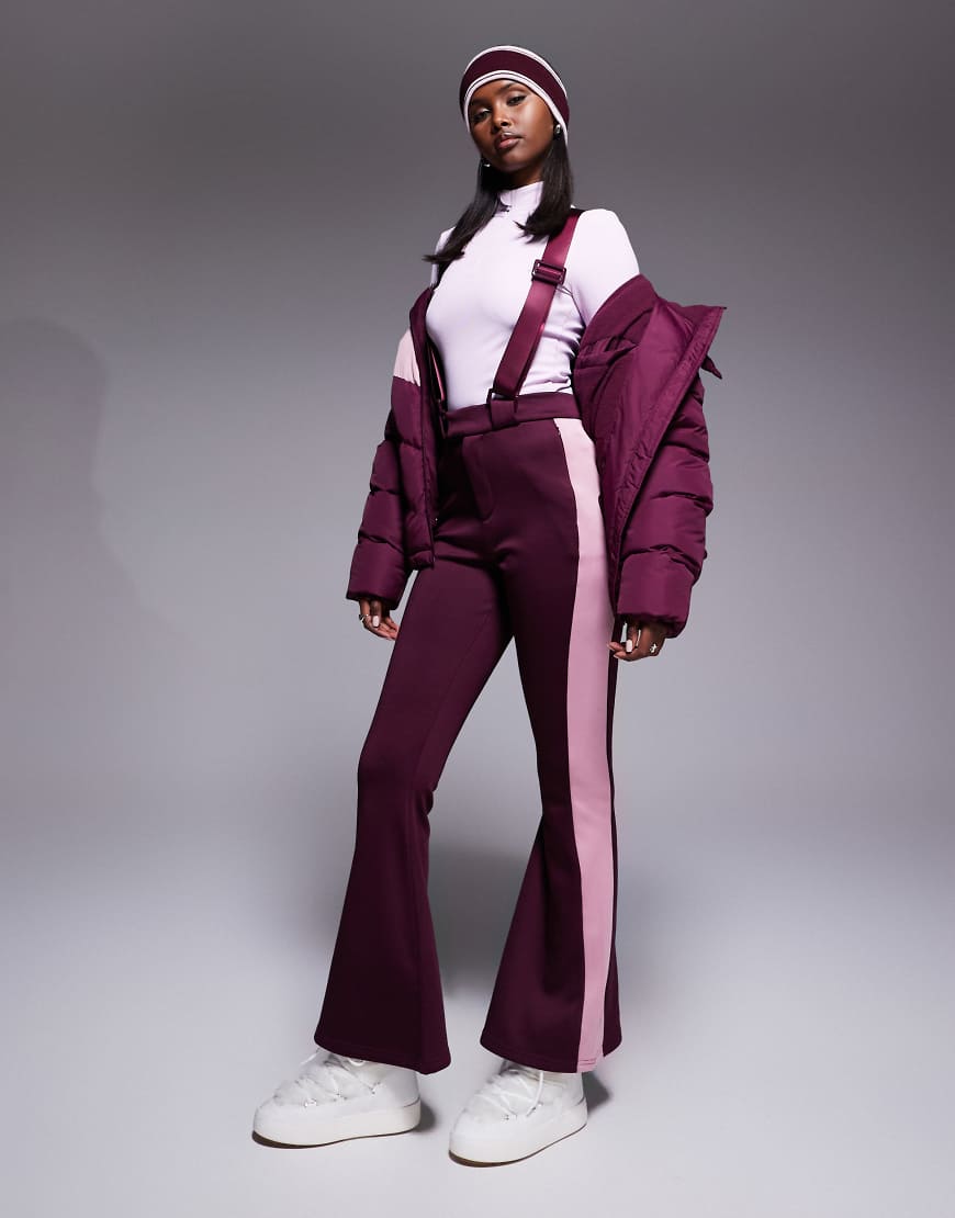 Threadbare - Ski-Latzhose in Burgunderrot mit Kontraststreifen in Rosa von Threadbare