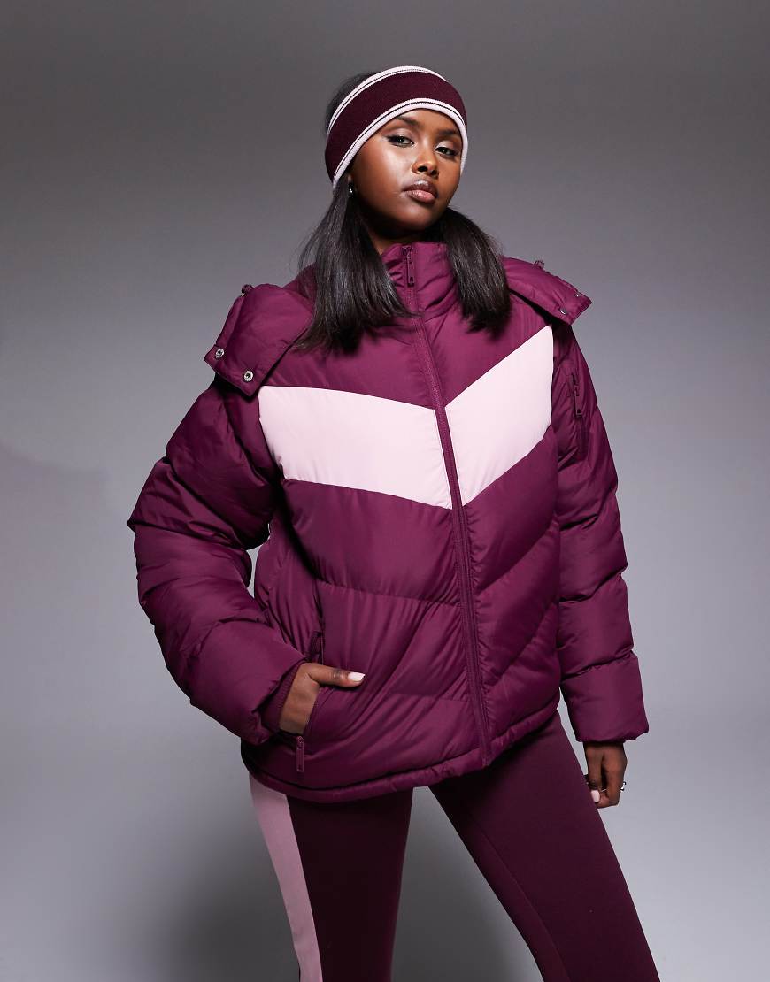Threadbare - Ski-Pufferjacke in Burgunderrot mit kontrastierendem Einsatz in Rosa von Threadbare