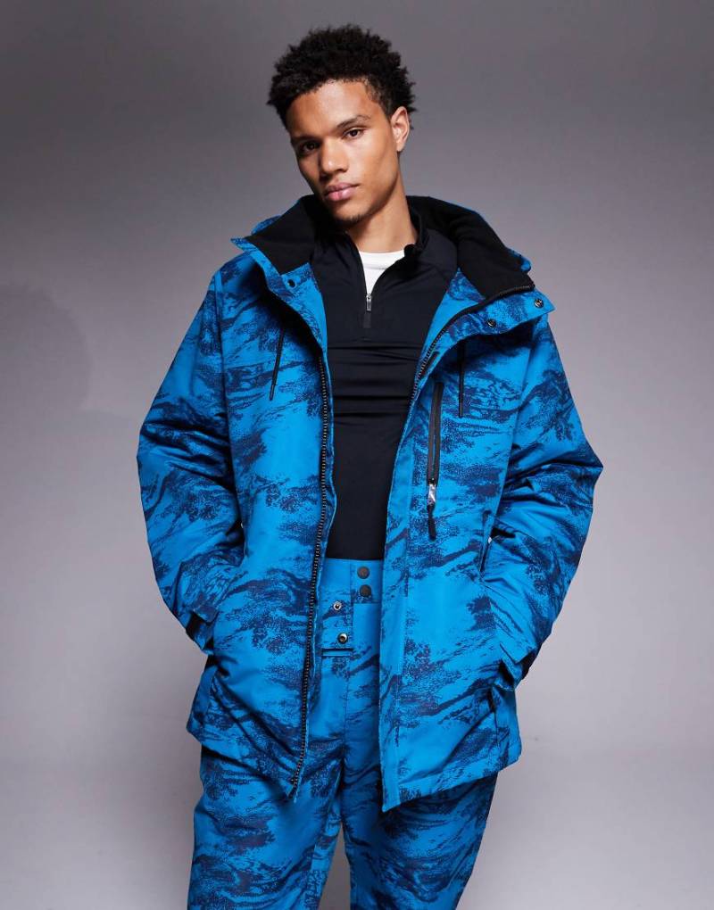 Threadbare - Skijacke in Blau und Navy gemustert mit Reißverschluss und Kapuze von Threadbare