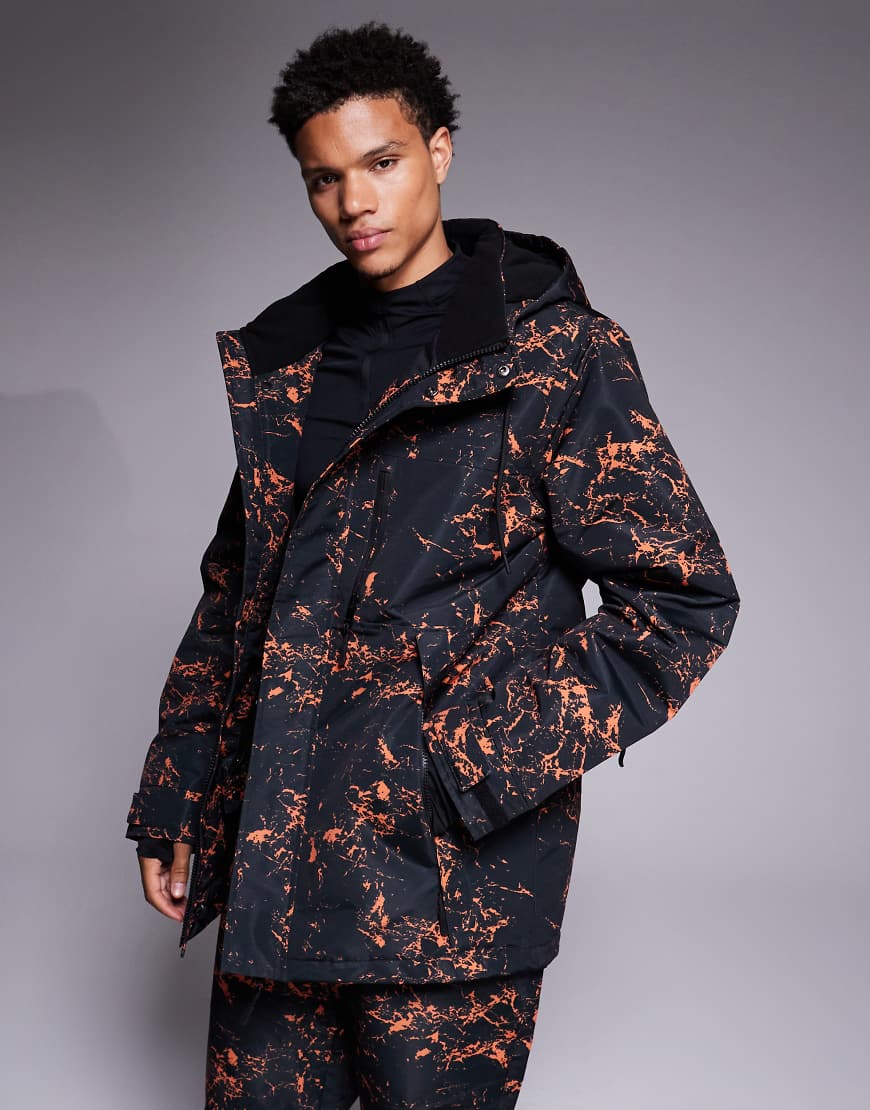 Threadbare - Skijacke in Schwarz und Orange gemustert mit Reißverschluss und Kapuze von Threadbare