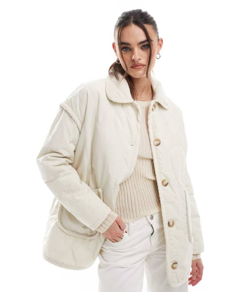 Threadbare - Steppjacke in Creme mit Cord-Detail-Weiß von Threadbare